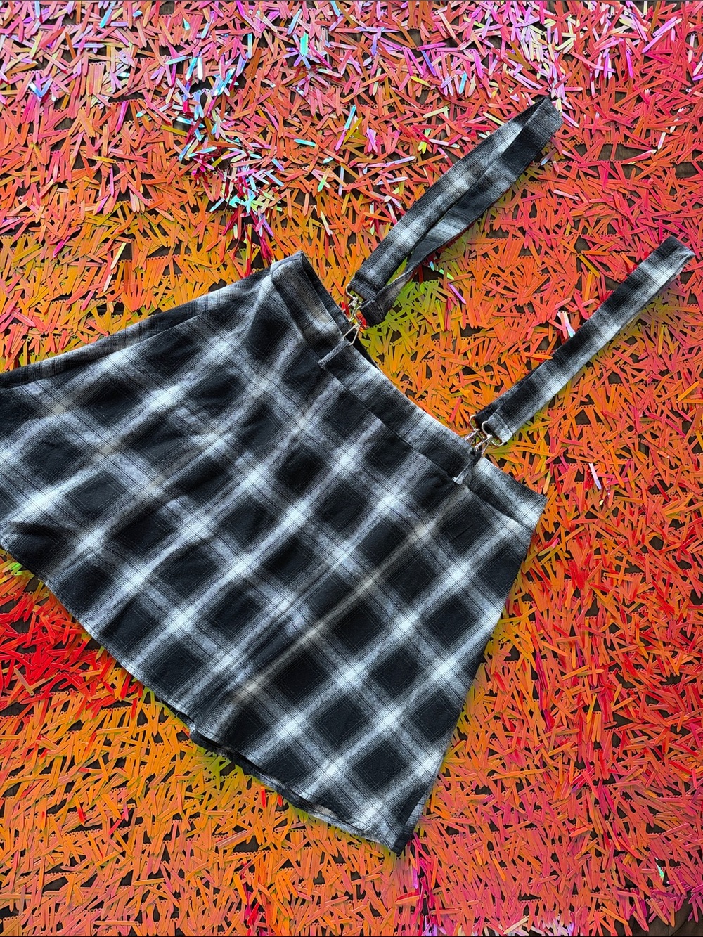 SHEIN Curve Black & White Plaid Skirt with Suspender Detail